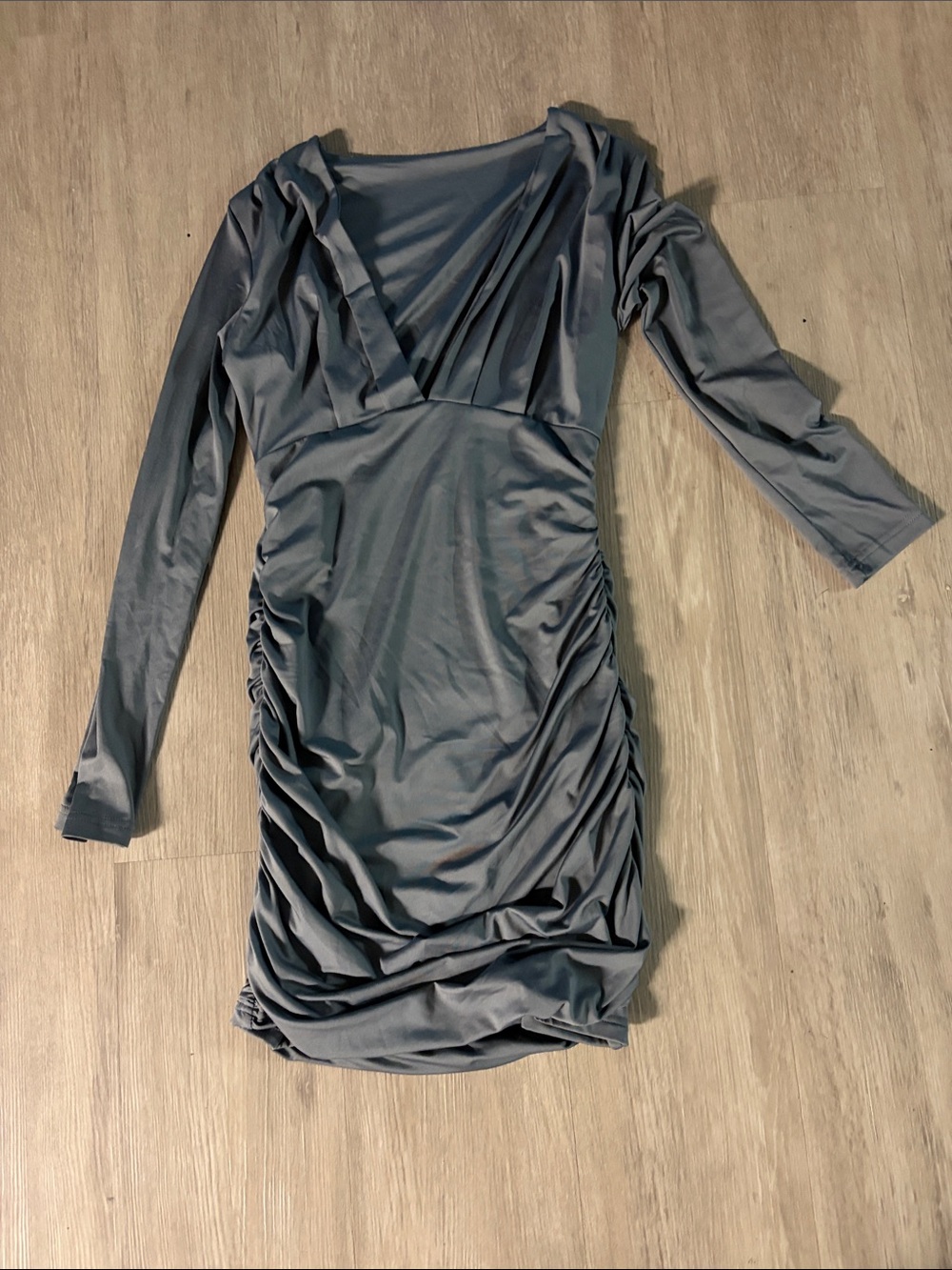 Long Sleeve Ruched Grey Bodycon Dress